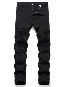 Plus Size Men's Straight Leg Distressed Denim Jeans, Suitable For Everyday Wear - Black - View 1