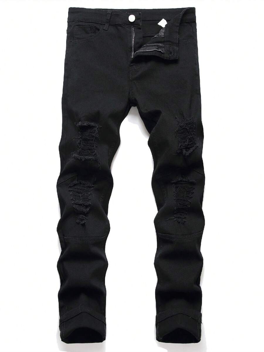 Plus Size Men's Straight Leg Distressed Denim Jeans, Suitable For Everyday Wear - Black - View 1