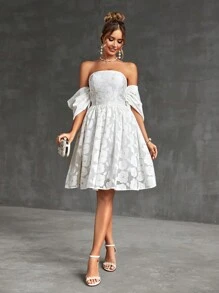SHEIN Belle Elegante Y Romántico Vestido De Línea A De Manga Abullonada Tejido Jacquard Para Fiesta De Cóctel De Mujer - Blanco - Ver 1