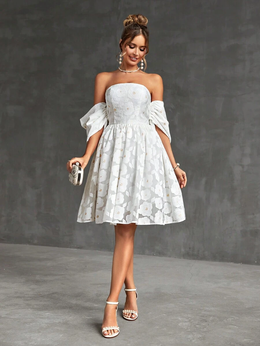 SHEIN Belle Elegante Y Romántico Vestido De Línea A De Manga Abullonada Tejido Jacquard Para Fiesta De Cóctel De Mujer - Blanco - Ver 1