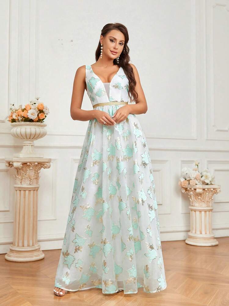 Elegant, Romantic, Elegant, Gorgeous And Dignified Women's Green Organza Three-Dimensional Gold Edge Cut V-Neck Gold Ribbon Decoration High Waist A-Shaped Volume Umbrella Hem Backless Holiday Season Graduation Season Prom Formal Evening Dress