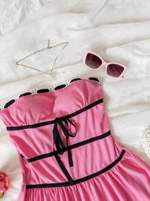 Soleia Vestido De Mujer Con Bloques De Color, Sin Tirantes, Ceñido A La Cintura Y Dobladillo Con Volantes - Rosa - Ver 4