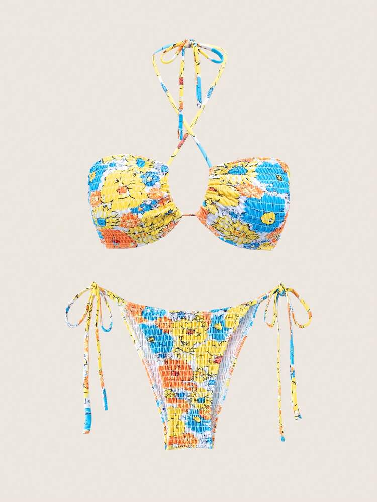 Ditsy Floral Push-Up Two-Piece Bikini Set, Smocked Bikini Set Swimwear Bathing Suit Beach Outfit Summer Vacation Summer Beach
