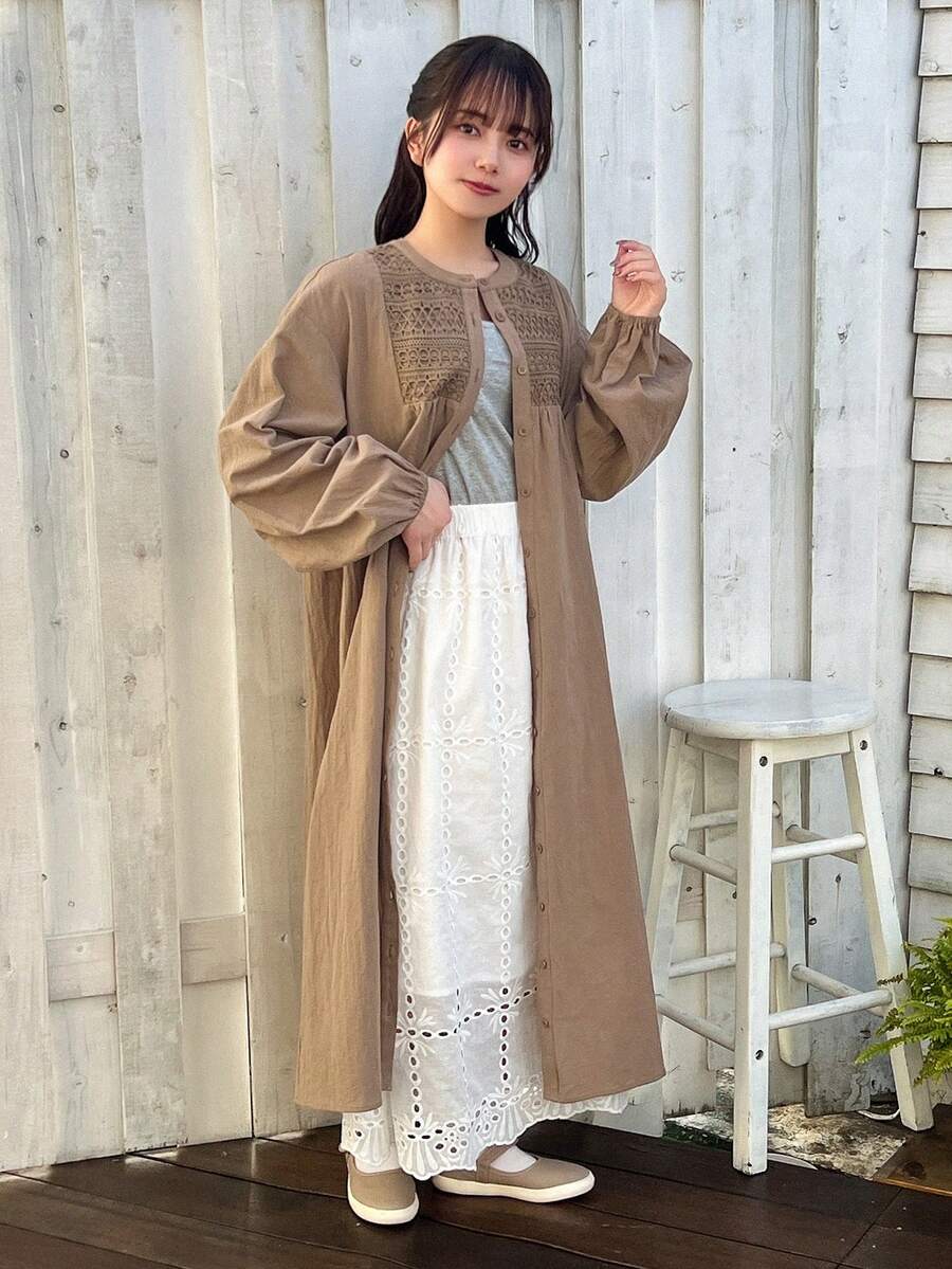 FRIFUL 女士圓領燈籠袖單排扣中長裙 - 卡其色 - 查看 1