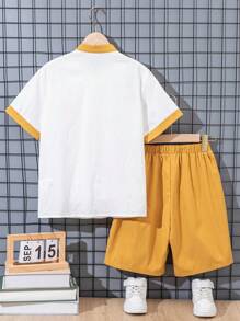 SHEIN 兒童男生中式樣印花短袖襯衫和短褲時尚2件套裝，立領休閒款 - 黃色 - 查看 2