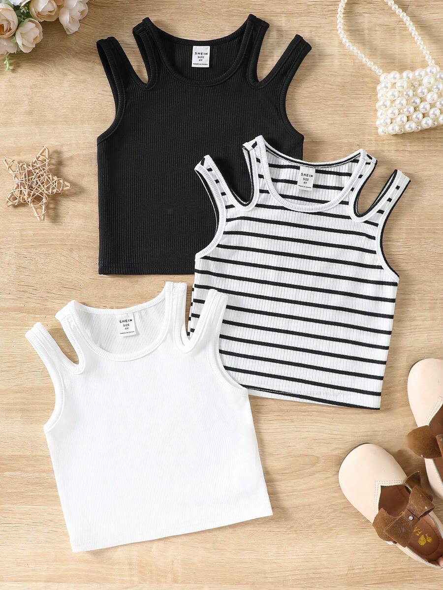SHEIN Bộ 3 áo ba lỗ không tay dệt kim màu trơn cho cô gái trẻ, thường ngày - Nhiều màu - Xem 1