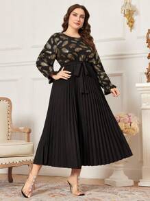 Modelyn Plus Size Women's Feather Pattern Pleated Hem Dress - Multicolor - View 6
