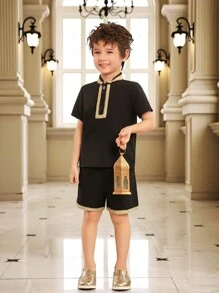 Young Boy Color-Block Edging Short Sleeve Top And Shorts Outfits - Black - View 4