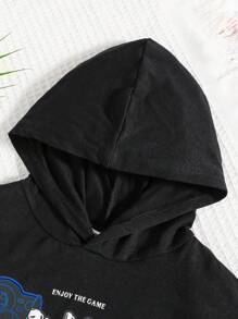 SHEIN 年輕男孩休閒鬆身遊戲手柄印花短袖連帽衫和帶束腰運動褲套裝 - 藍色 - 查看 5