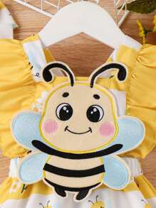 SHEIN Vestido Con Bordado De Abeja Y Dobladillo Fruncido De Dibujos Animados Para Bebé Niña - Amarillo - Ver 6