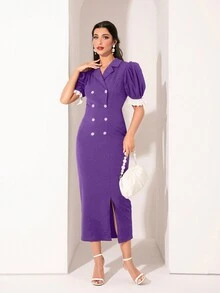 Modelyn Quý cô Thanh lịch Ống tay áo Đôi ngực Đầm - Màu tím - Xem 4
