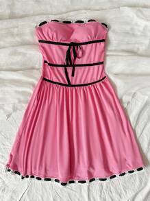 Soleia Vestido De Mujer Con Bloques De Color, Sin Tirantes, Ceñido A La Cintura Y Dobladillo Con Volantes - Rosa - Ver 5