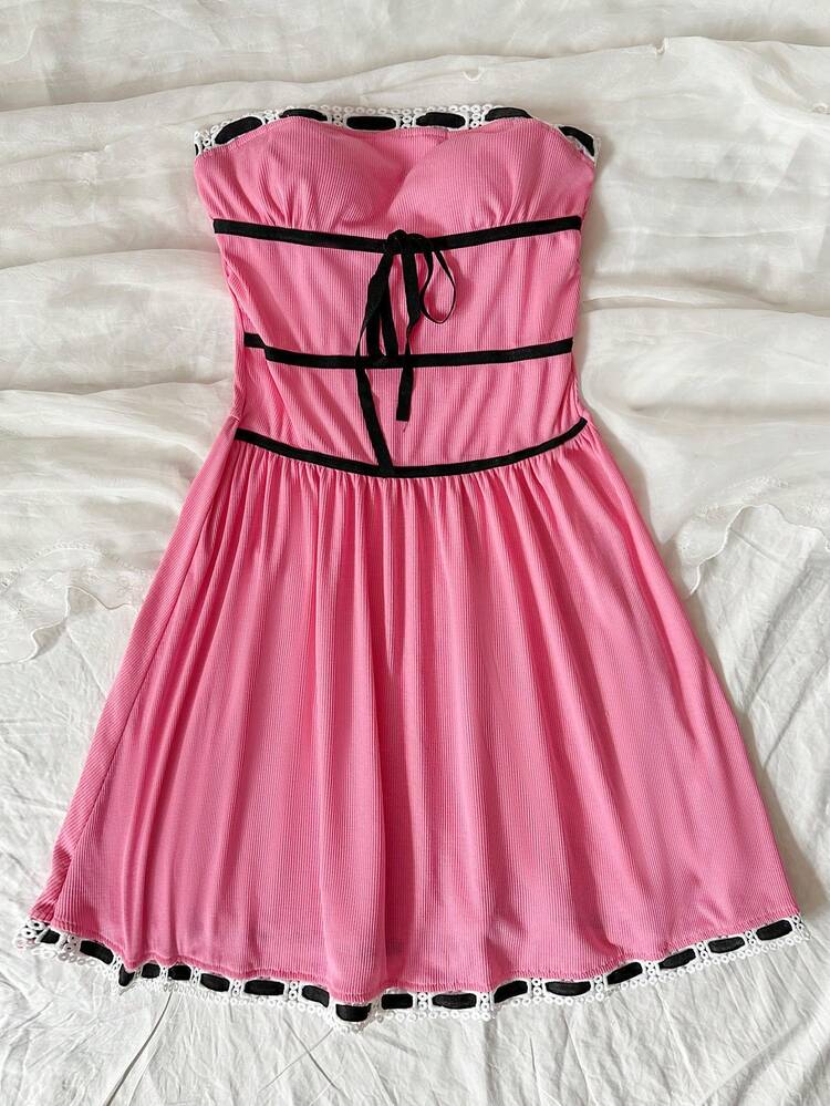 Women's Color-Block Strapless Waist-Cinching Dress With Ruffled Hem