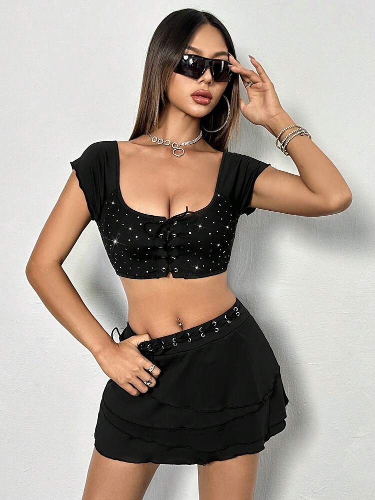 Ladies' Metallic Eyelets Square Neck Top And Skirt Set, Random Cutting Of Mesh, Random Selection Of Ties