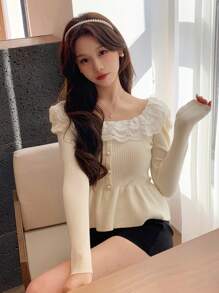 DAZY Women Sweaters Kontras Lace Ruffle Ruffle Hem Plain Casual - Aprikot - View 5
