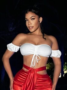 SHEIN SXY Damen Off-shoulder Crop Top Mit Kurzen Puffärmeln Und Elastischer Taille - Weiss - Übersicht 4