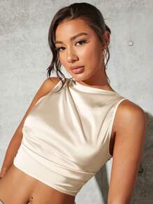 SHEIN BAE Women's Solid Color Off Shoulder Backless Blouse,Sleeveless Tops,Valentine's Day,Valentine Outfits For Women - Champagne - View 1