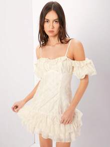Enchnt Women's Cold Shoulder Ruffle Trim Spaghetti Strap Dress - White - View 3