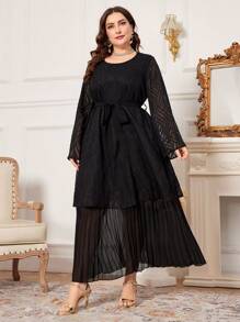 Al Najma Vestido árabe con cintura ceñida, doblez con volantes de doble capa para mujeres de talla grande - Negro - Ver 3