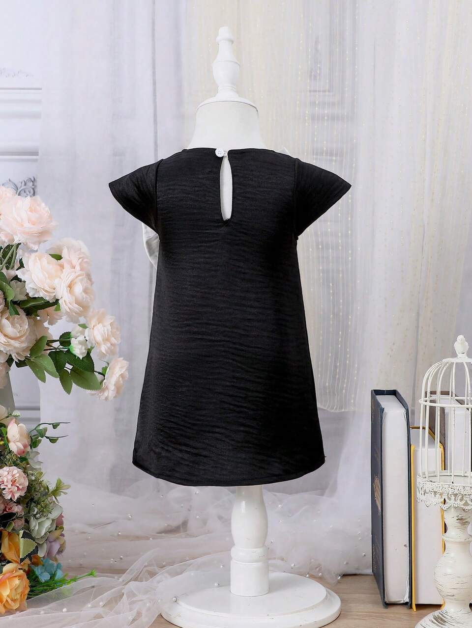 Robe A-ligne Noire Pour Bébé Fille Avec Décoration De Nœud Papillon Blanc, Style Princesse, Mignon
