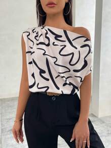 Firerie Blusa de mujer con estampado floral, cuello asimétrico y manga corta