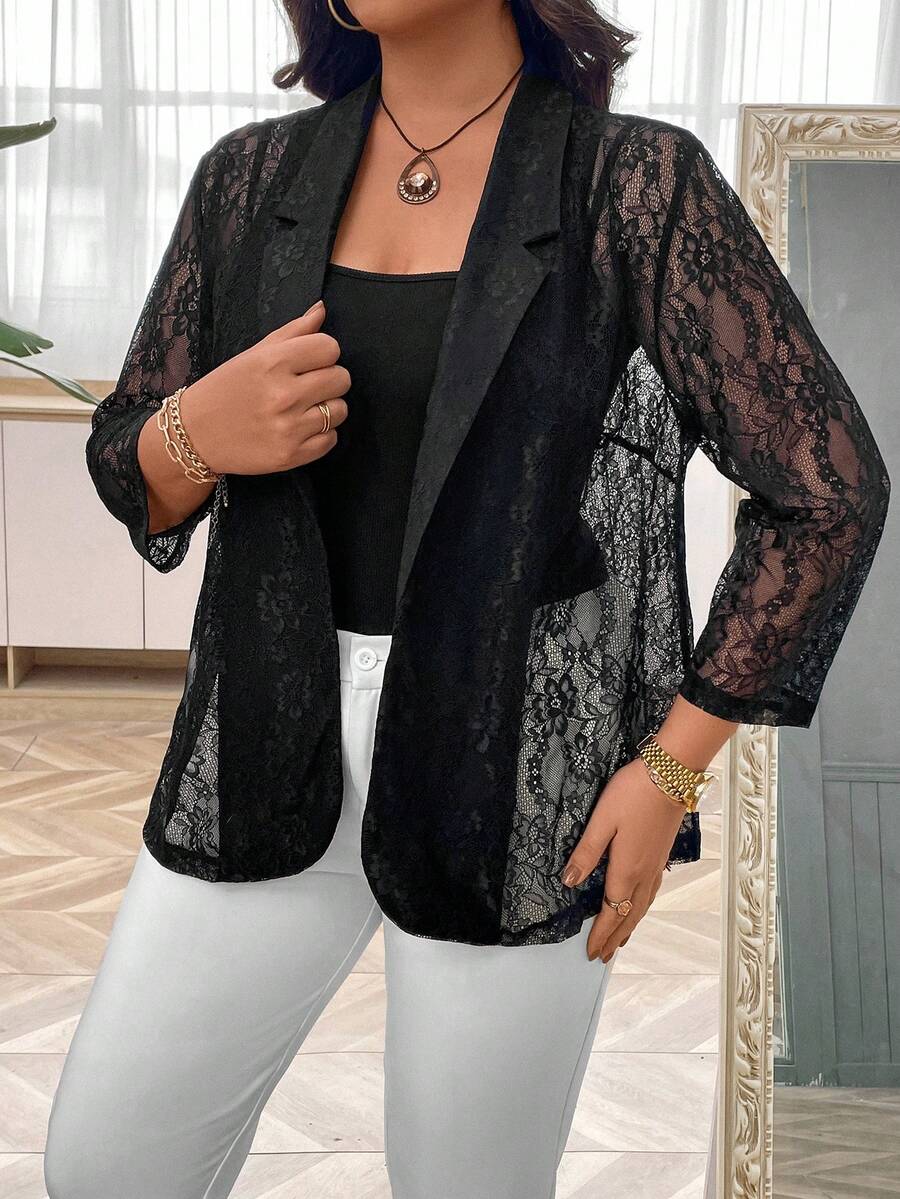 SHEIN Clasi Blazer de encaje de manga tres cuartos de unicolor para tallas grandes - Negro - Ver 1