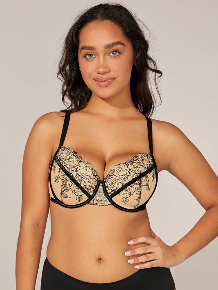 Lingerie Lightly Lined Balconette Floral Embroidery Sexy Bra