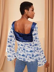 GSS Designer Business Casual Printed Chiffon Mix Satin Long Sleeve Blouse, For Holiday, Vacation, Spring, Beach, Festival, Ibiza Fits, Office - Blue - View 2