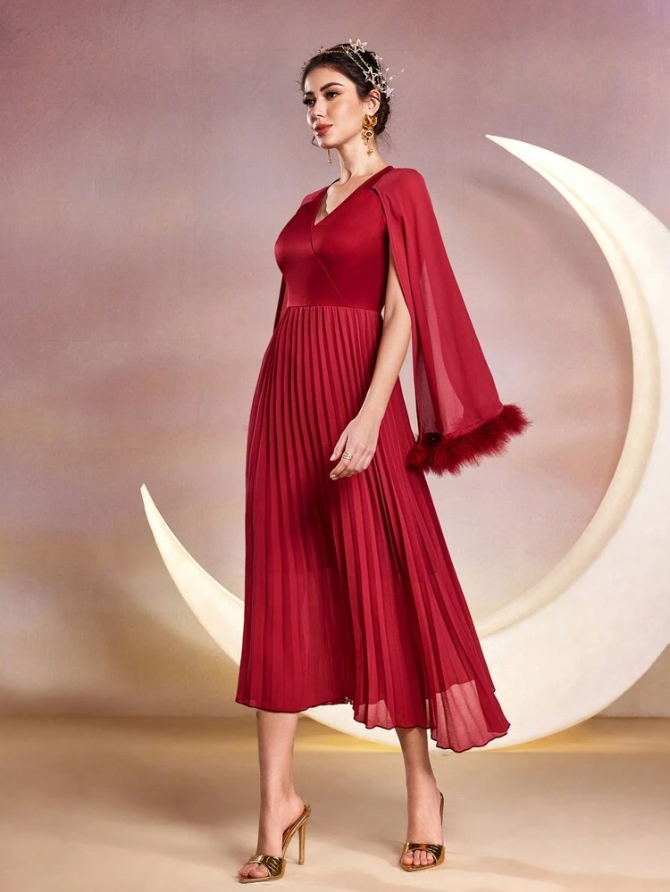 Women's Splice Pleated Hem A-Line Dress Long Evening Dresses Fall Cloth For Women