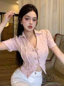 DAZY Ladies' Texture Jacquard Short Sleeve Shirt With Button Placket - Pink - View 2