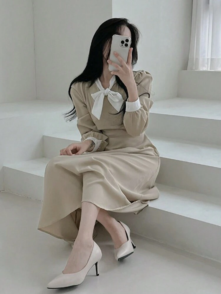 Women's Long Sleeve Dress With Flowy Tie Neck, Fall Dress