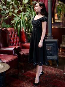 Vintamour 波卡圓點雞心領口假鈕扣褶皺細節洋裝 - 黑色 - 查看 10