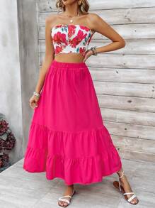 SHEIN VCAY Strapless Tight-Fitting Top & Long Ruffled Hem Skirt Set - Hot Pink - View 1