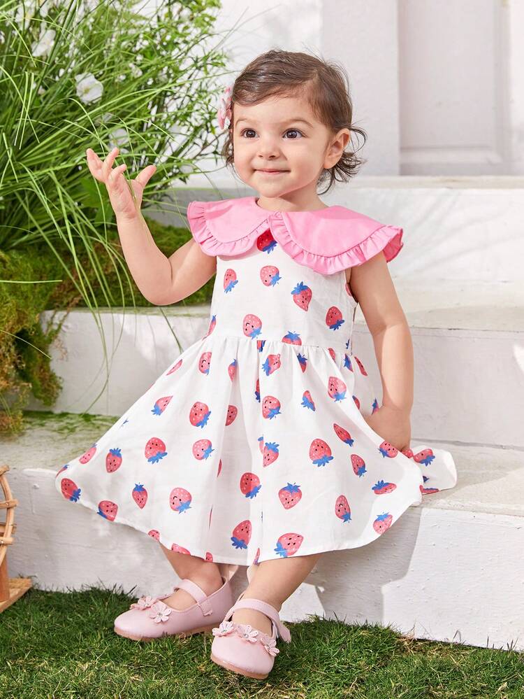 Baby Girl Casual & Vacation Cute Strawberry Printed Patchwork Dress With Peter Pan Collar And Sleeveless Design