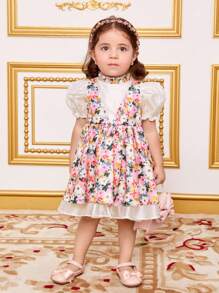 SHEIN Vestido para bebé niña de burbujas de manga corta con tul estampado floral para vacaciones - Rosa - Ver 4