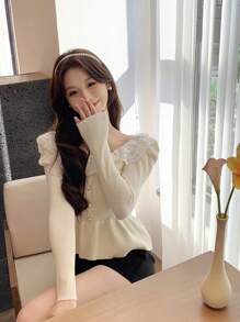 DAZY Women Sweaters Kontras Lace Ruffle Ruffle Hem Plain Casual - Aprikot - View 4