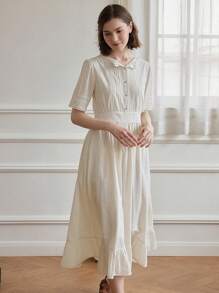 Simple Retro Rose Embroidered Lace Square Neck Midi Wedding  Dress Cottagecore Dress - White - View 5