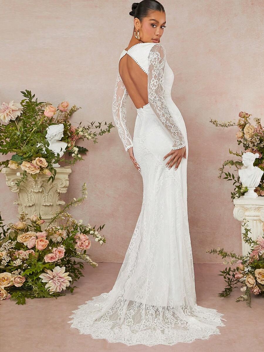 L'Amorae Abito a sirena con schiena aperta e orlo in pizzo - Bianco - Visualizzare 1