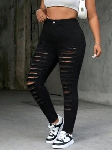 SHEIN EZwear 性感黑色大尺碼女款仿舊彈性緊身牛仔褲 - 黑色 - 查看 1