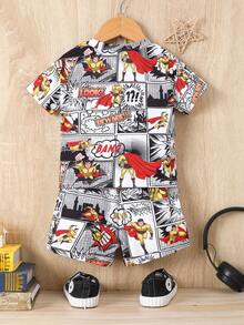 SHEIN Baby Boy's Letter Print Short Sleeve T-Shirt And Shorts Set - Multicolor - View 2