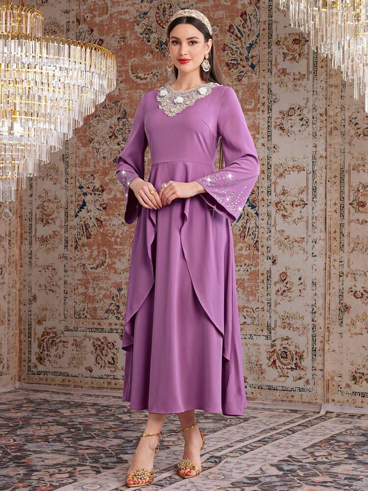 Women's Arabian Style Dress With Flared Sleeves & Diamond Decor Long Evening Dresses