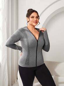 SHEIN Sports Plus Size Women's Long Sleeve Seamless Hooded Sports Jacket - Light Grey - View 4