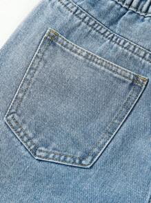 Shorts De Mezclilla Destrozados Para Niñas Adolescentes Con Dobladillo Deshilachado, Detalle De Pedrería Y Destrozado
