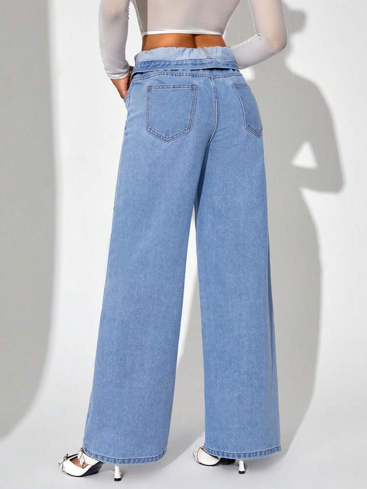 Women's Loose Fit Folded High Waisted Denim Jeans