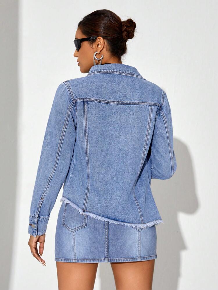 Women's Long Sleeve Asymmetrical Hem Denim Jacket With Raw Edge