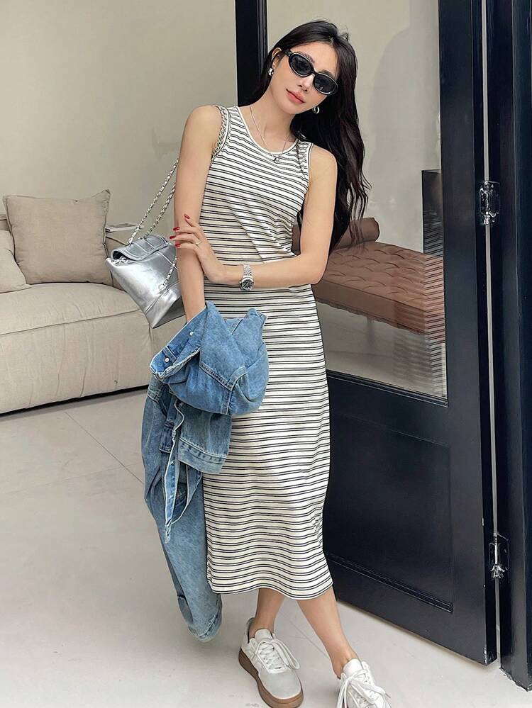 Women's Striped Round Neck Sleeveless Dress Summer Sundress,Casual Women Dresses