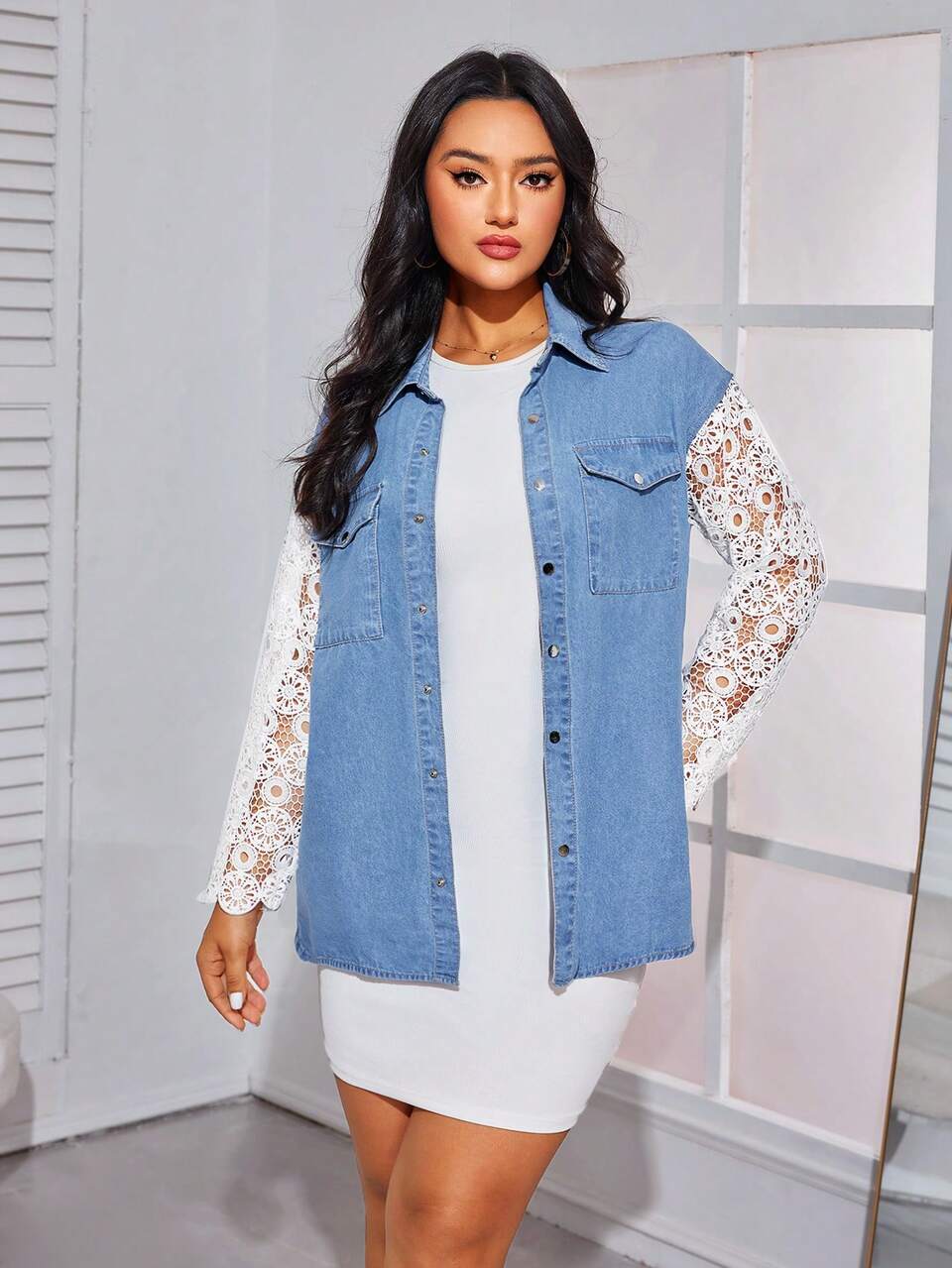 Ladies' Color-Block Lace Patchwork Denim Jacket