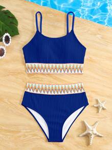 Teen Girl's Woven Band Contrast Texture Bikini Set - Navy Blue - View 1