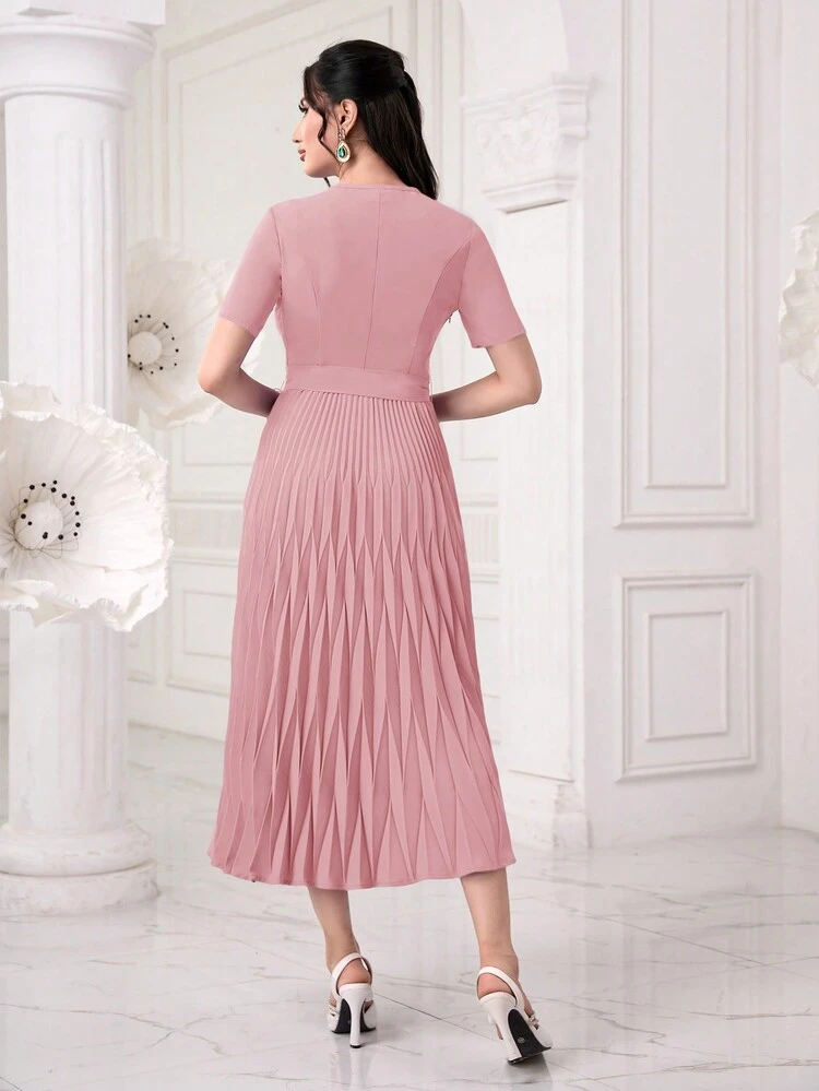 Women's Embellished Pleated Hem Arabic Style Dress With Studs