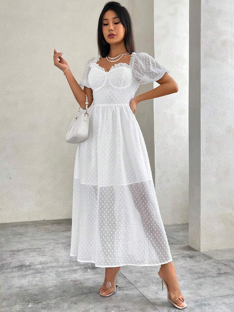 Valentine's Day Swiss Dot Chiffon Dress With Sweetheart Neckline, Wedding Guest Dress